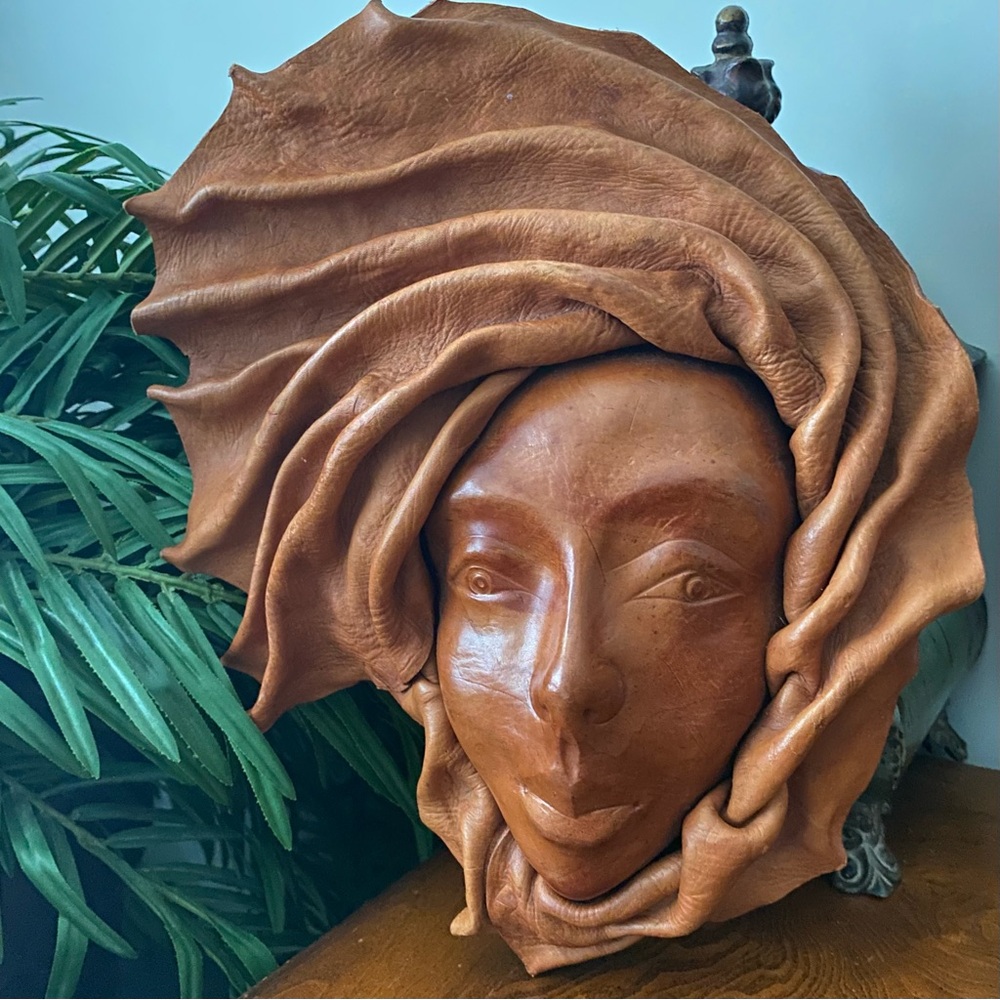 Vintage Elegant Brown Leather Sculpted Face Art